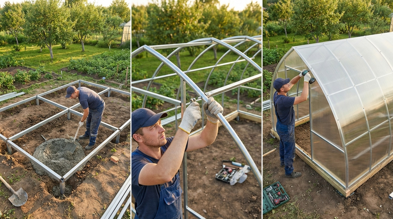 Торцевые стенки закрывайте после основных, добавляя форточки на петлях для вентиляции — площадь 10–15% от торца для естественного обмена воздухом. В сибирских условиях с коротким летом интегрируйте автоматические открыватели на термодатчиках, регулирующие заслонки при +25°C. Монтаж требует защитных перчаток: поликарбонат острый по краям, и порезы — распространенная проблема на дачах. Проверяйте горизонталь после каждого этапа: отклонение более 1 см на 3 м приводит к скоплению воды на крыше. В магазинах Леруа Мерлен в Новосибирске продают инструменты для резки — лобзики с насадками для пластика, упрощающие работу.