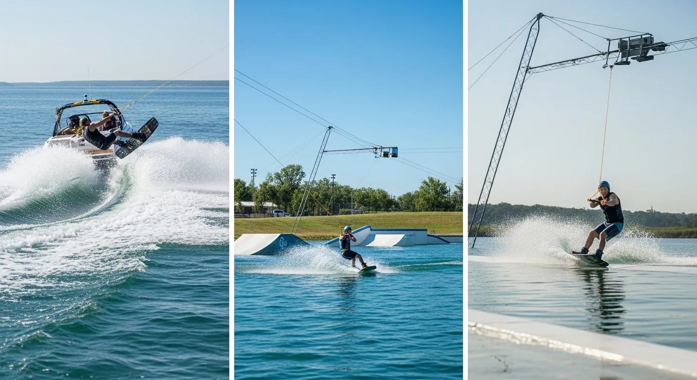 Вейкбординг сочетает элементы водных лыж, сноуборда и серфинга. Спортсмен стоит на доске и движется по воде за счет тяги. Источником движения служит катер или стационарная лебедка. Доска имеет крепления для ног (ботинки), которые фиксируют стопу. Это позволяет выполнять прыжки и вращения без риска потерять снаряд. Поверхность воды работает как опора при правильной скорости. Минимальная скорость глиссирования составляет 30 км/ч для катера и 45 км/ч для лебедки.
