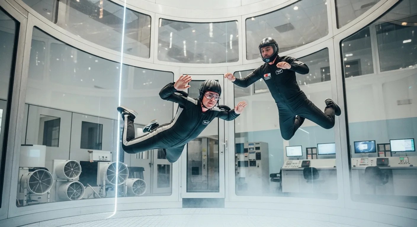 Аэродинамическая труба имитирует состояние свободного падения без прыжка с самолета. Поток воздуха поднимает человека вверх и удерживает в зависании. Скорость ветра в рабочей зоне достигает 200–270 км/ч. Этого достаточно для подъема взрослого весом до 120 кг. Установка состоит из мощных вентиляторов, диффузора и защитной сетки. Полет проходит в прозрачной камере, где инструктор страхует новичка. Технология позволяет испытать невесомость за несколько минут после инструктажа.